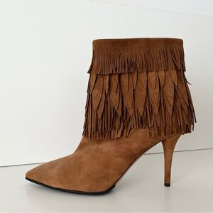 NIB Aquazzura Women's Suede Fringe Sasha Ankle Boots Booties, Brown, Size 38.5